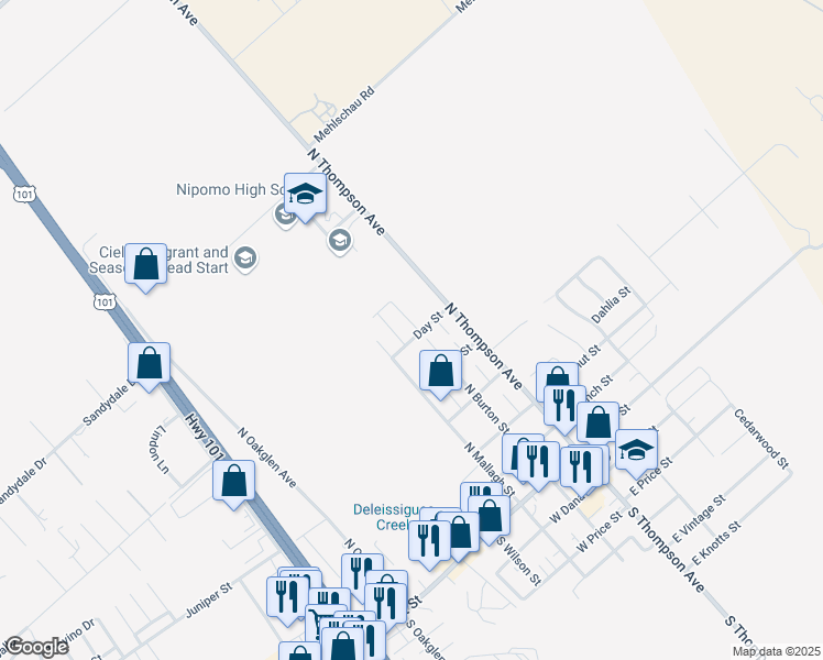 map of restaurants, bars, coffee shops, grocery stores, and more near 444 North Burton Street in Nipomo