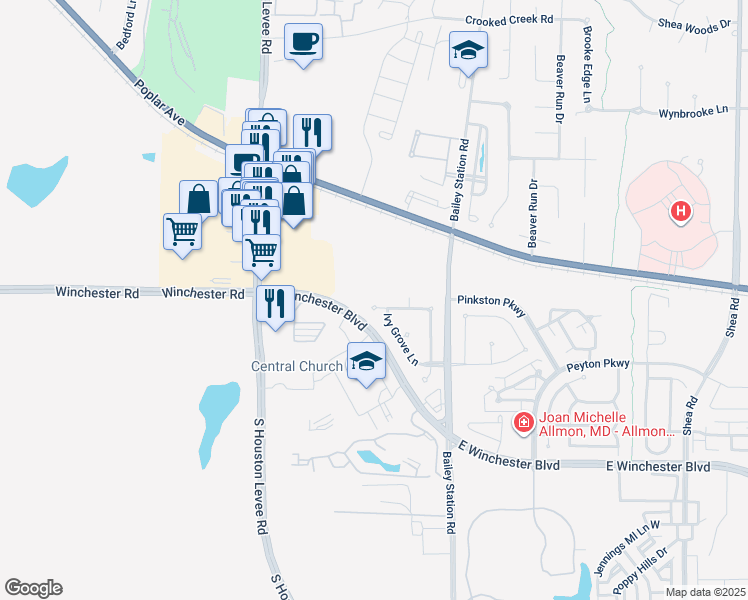 map of restaurants, bars, coffee shops, grocery stores, and more near 1946 Ivy Wood Cove in Collierville