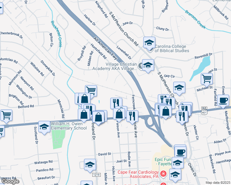 map of restaurants, bars, coffee shops, grocery stores, and more near 620 Ravencroft Court in Fayetteville