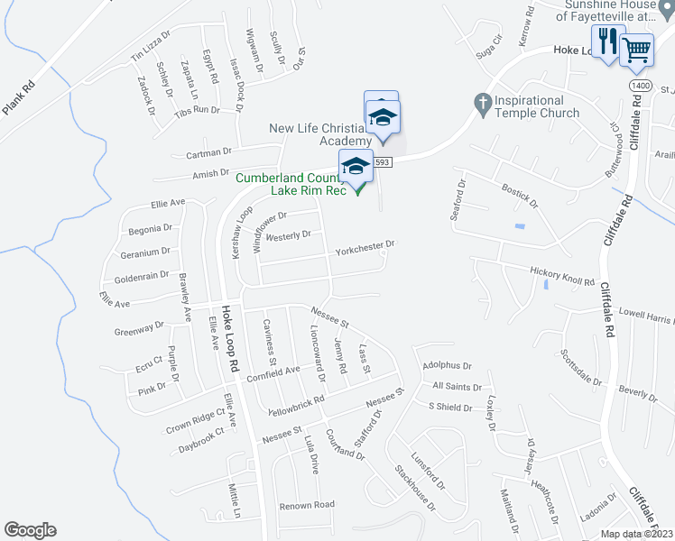 map of restaurants, bars, coffee shops, grocery stores, and more near 4945 Yorkchester Drive in Fayetteville