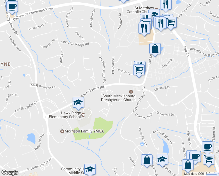 map of restaurants, bars, coffee shops, grocery stores, and more near 8924 Bryant Farms Road in Charlotte