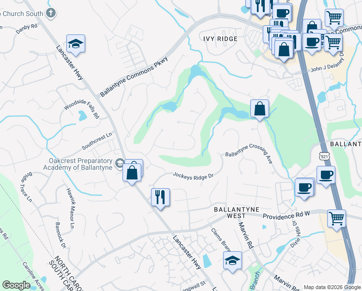 map of restaurants, bars, coffee shops, grocery stores, and more near 11104 McClure Manor Drive in Charlotte