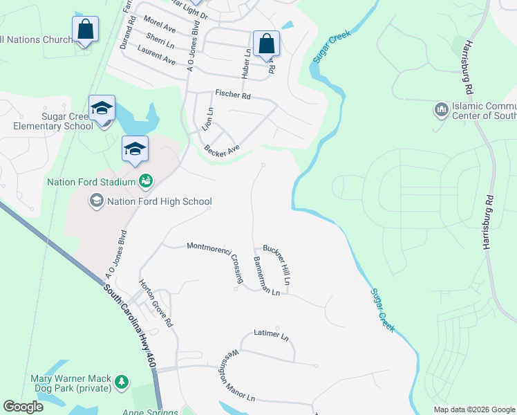map of restaurants, bars, coffee shops, grocery stores, and more near 641 Bannerman Lane in Fort Mill