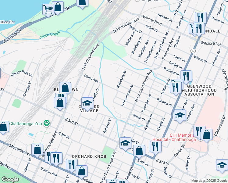 map of restaurants, bars, coffee shops, grocery stores, and more near 1703 Citico Avenue in Chattanooga