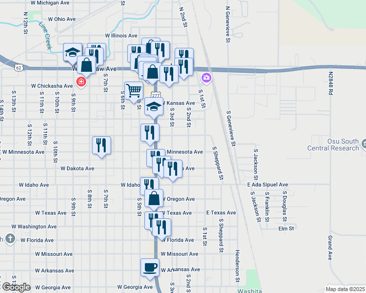 map of restaurants, bars, coffee shops, grocery stores, and more near 223 West Iowa Avenue in Chickasha