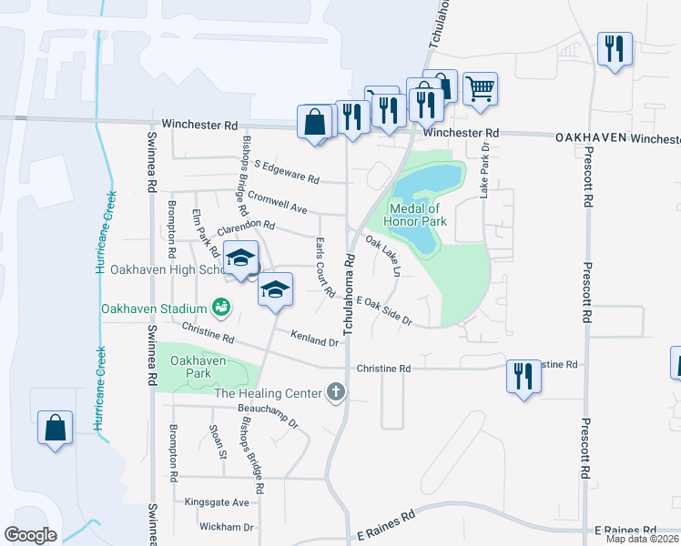 map of restaurants, bars, coffee shops, grocery stores, and more near 3699 Old Tchulahoma Road in Memphis