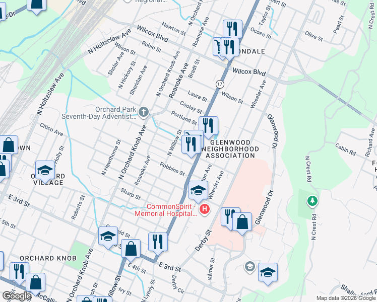 map of restaurants, bars, coffee shops, grocery stores, and more near 2204 Milne Street in Chattanooga