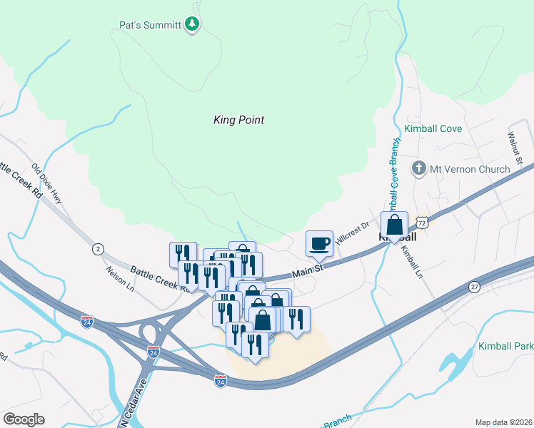 map of restaurants, bars, coffee shops, grocery stores, and more near 198 Davis Trail in Jasper