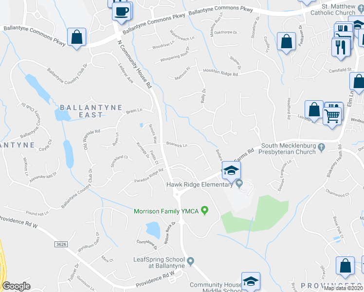 map of restaurants, bars, coffee shops, grocery stores, and more near 9498 Briarwick Lane in Charlotte