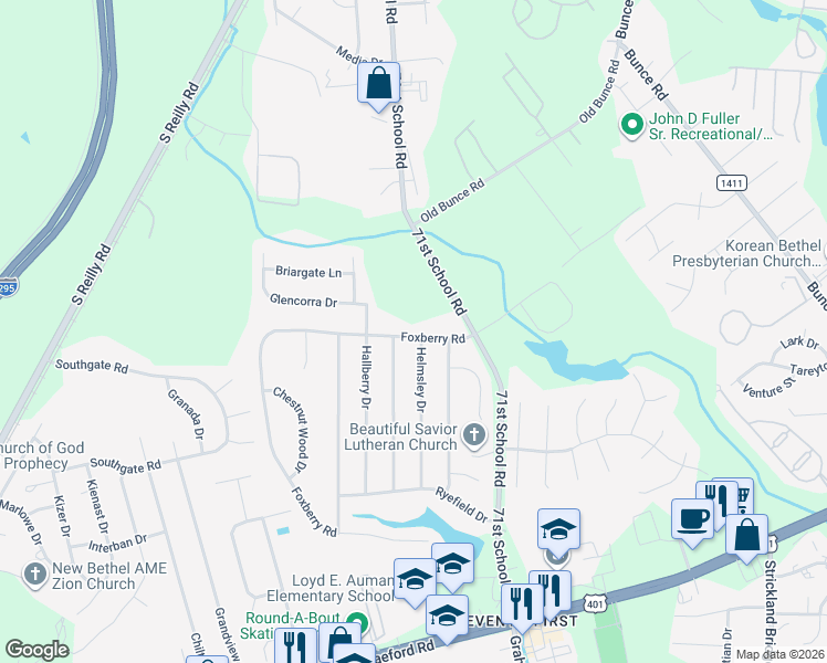 map of restaurants, bars, coffee shops, grocery stores, and more near 6524 Foxberry Road in Fayetteville