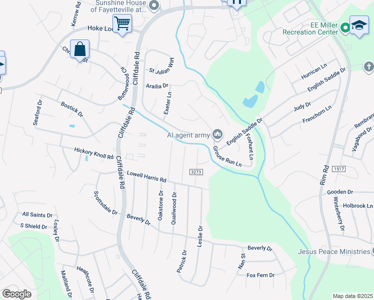 map of restaurants, bars, coffee shops, grocery stores, and more near 967 Sanchez Drive in Fayetteville