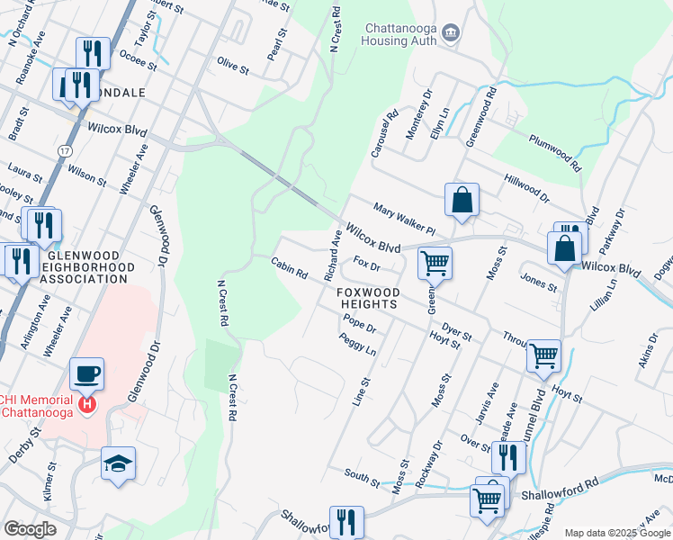 map of restaurants, bars, coffee shops, grocery stores, and more near 3003 Fox Drive in Chattanooga