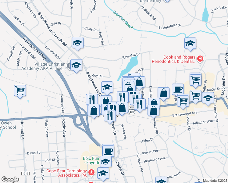 map of restaurants, bars, coffee shops, grocery stores, and more near 3207 Tallywood Drive in Fayetteville