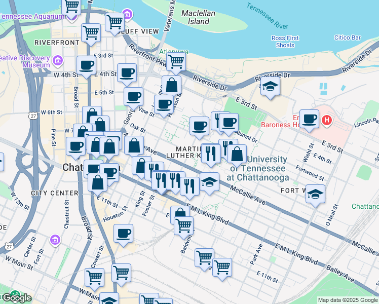 map of restaurants, bars, coffee shops, grocery stores, and more near 645 Oak Street in Chattanooga