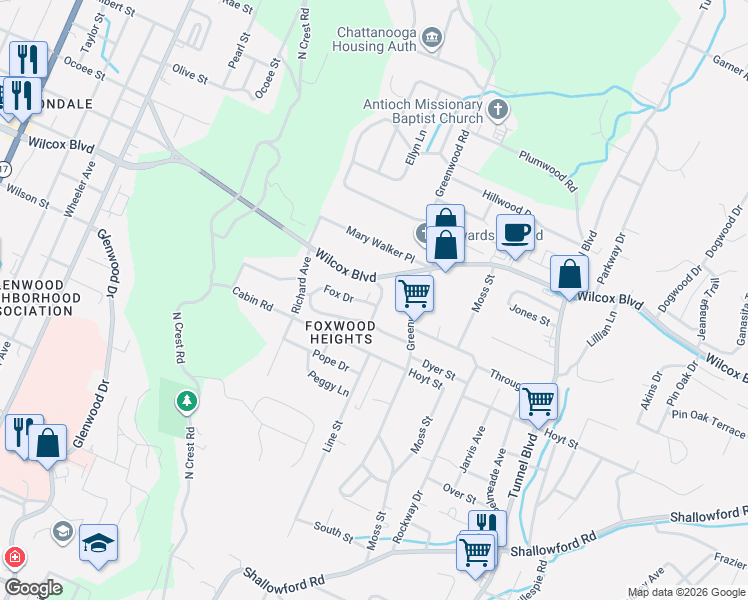 map of restaurants, bars, coffee shops, grocery stores, and more near 1210 McCord Avenue in Chattanooga