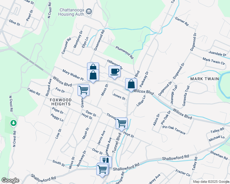 map of restaurants, bars, coffee shops, grocery stores, and more near 3408 Wilcox Boulevard in Chattanooga