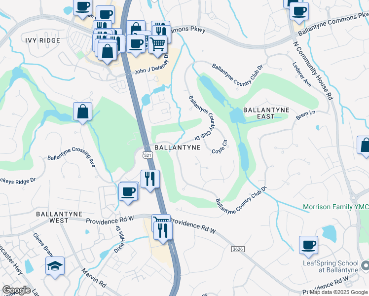 map of restaurants, bars, coffee shops, grocery stores, and more near 14941 Ballantyne Country Club Drive in Charlotte