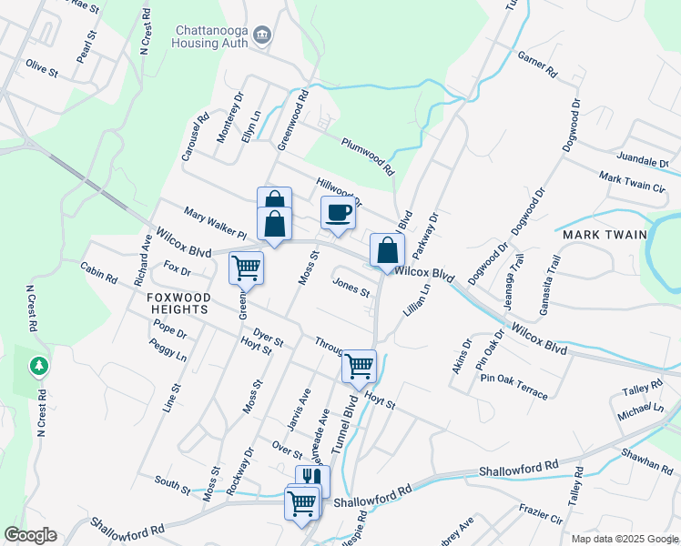 map of restaurants, bars, coffee shops, grocery stores, and more near 3408 Wilcox Boulevard in Chattanooga