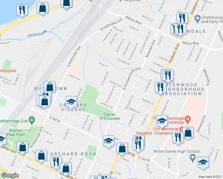 map of restaurants, bars, coffee shops, grocery stores, and more near 1718 Carson Avenue in Chattanooga