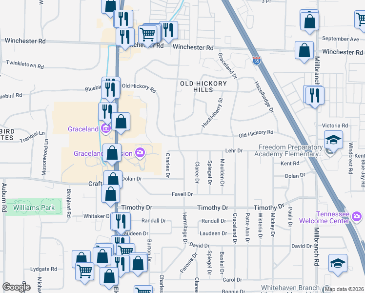 map of restaurants, bars, coffee shops, grocery stores, and more near 3710 Hermitage Drive in Memphis