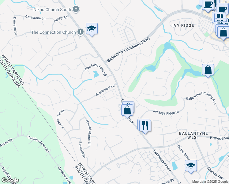 map of restaurants, bars, coffee shops, grocery stores, and more near 14604 Lancaster Highway in Pineville