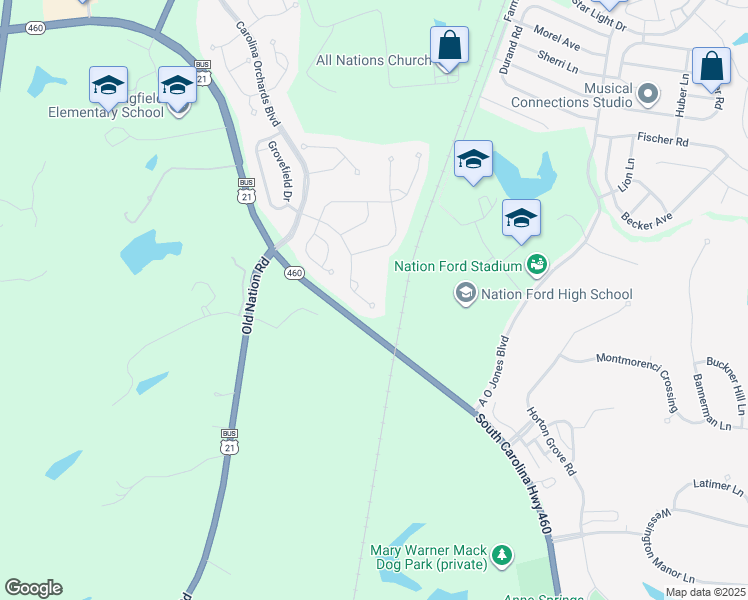 map of restaurants, bars, coffee shops, grocery stores, and more near 918 Kirby Drive in Fort Mill