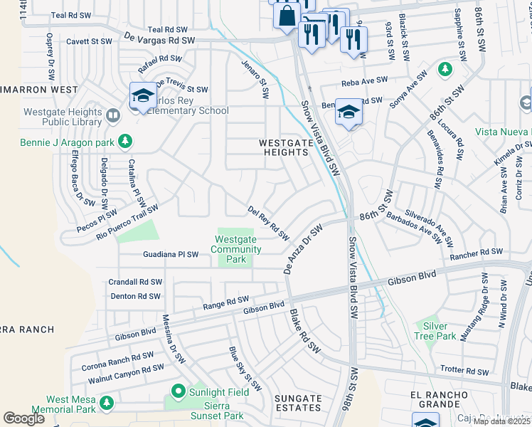 map of restaurants, bars, coffee shops, grocery stores, and more near 1329 Anaconda Street Southwest in Albuquerque