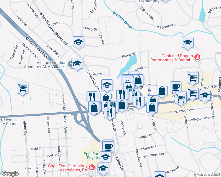 map of restaurants, bars, coffee shops, grocery stores, and more near 3207 Tallywood Drive in Fayetteville