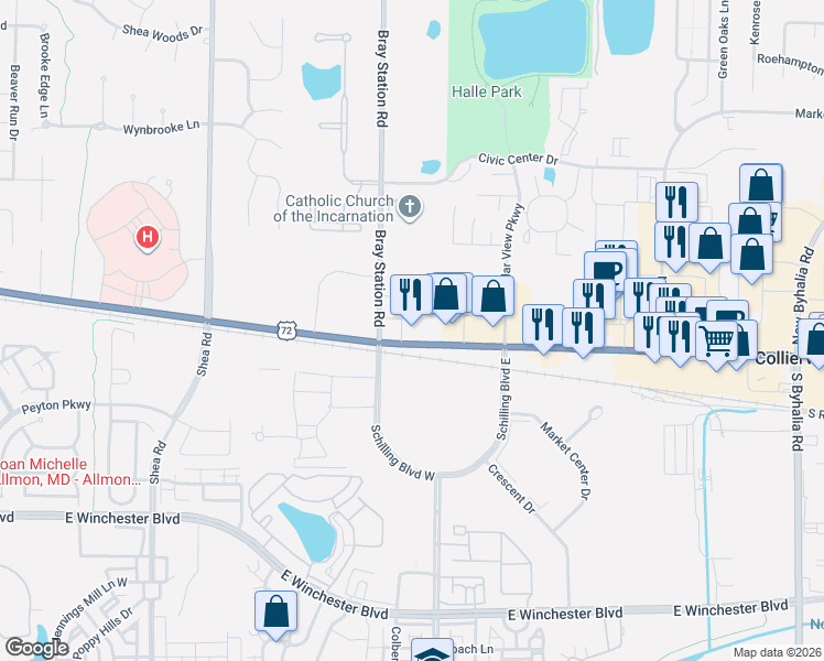 map of restaurants, bars, coffee shops, grocery stores, and more near 1250 W Poplar Ave in Collierville