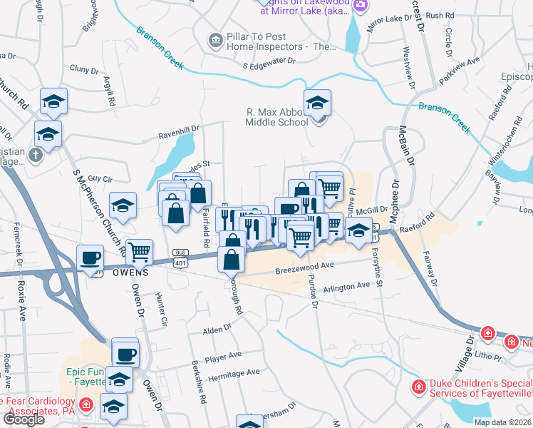 map of restaurants, bars, coffee shops, grocery stores, and more near 140 Willborough Avenue in Fayetteville