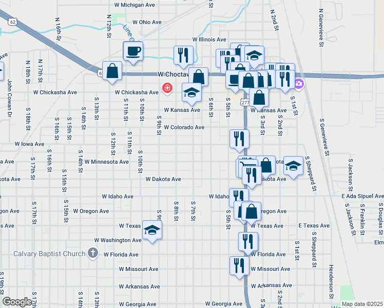 map of restaurants, bars, coffee shops, grocery stores, and more near 415 7th Street in Chickasha