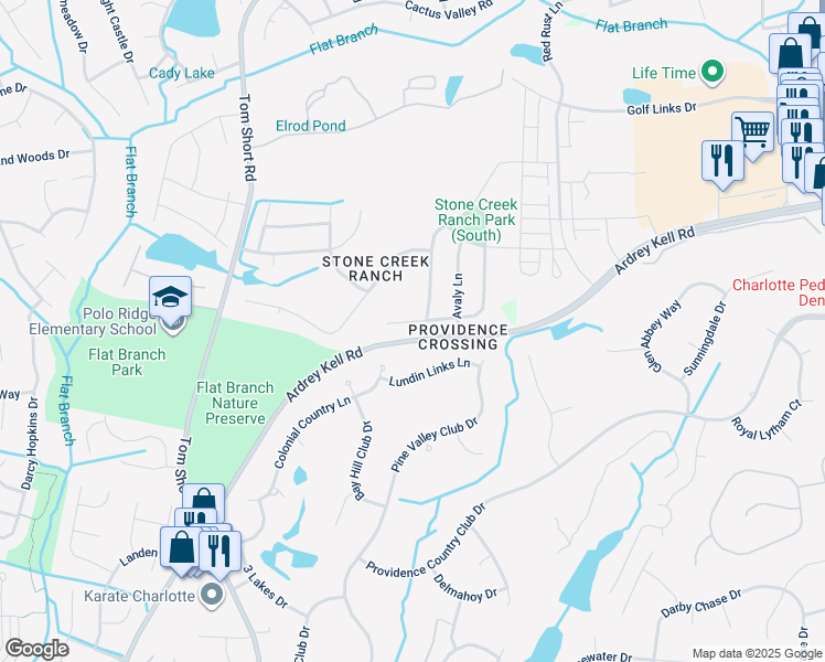 map of restaurants, bars, coffee shops, grocery stores, and more near 6709 Springs Mill Rd in Charlotte