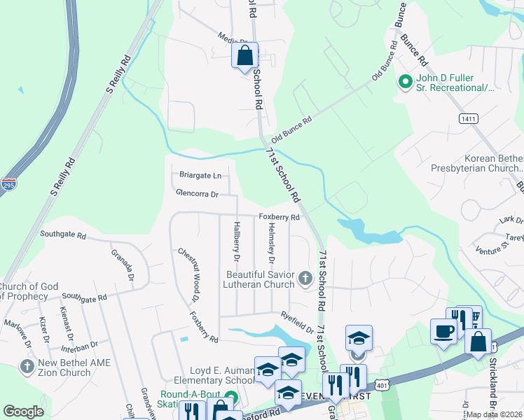 map of restaurants, bars, coffee shops, grocery stores, and more near 6524 Foxberry Road in Fayetteville