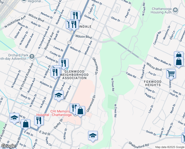 map of restaurants, bars, coffee shops, grocery stores, and more near 2516 Judson Lane in Chattanooga