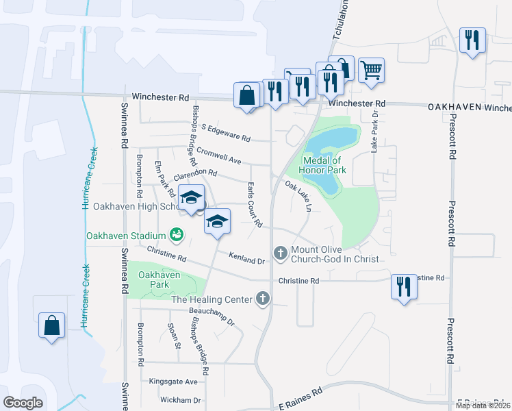 map of restaurants, bars, coffee shops, grocery stores, and more near 3699 Old Tchulahoma Road in Memphis