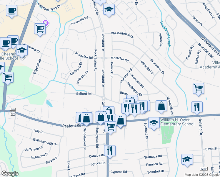 map of restaurants, bars, coffee shops, grocery stores, and more near 826 Berwick Drive in Fayetteville