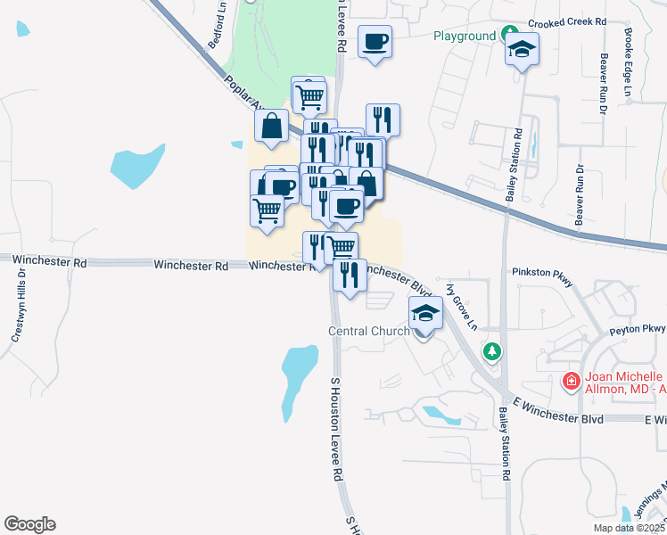 map of restaurants, bars, coffee shops, grocery stores, and more near Winchester Road in Collierville