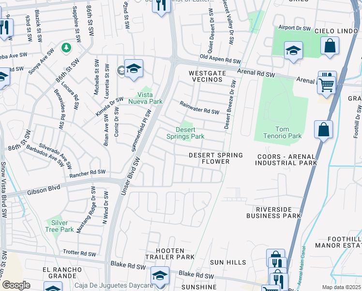 map of restaurants, bars, coffee shops, grocery stores, and more near 7719 Purple Cone Road Southwest in Albuquerque