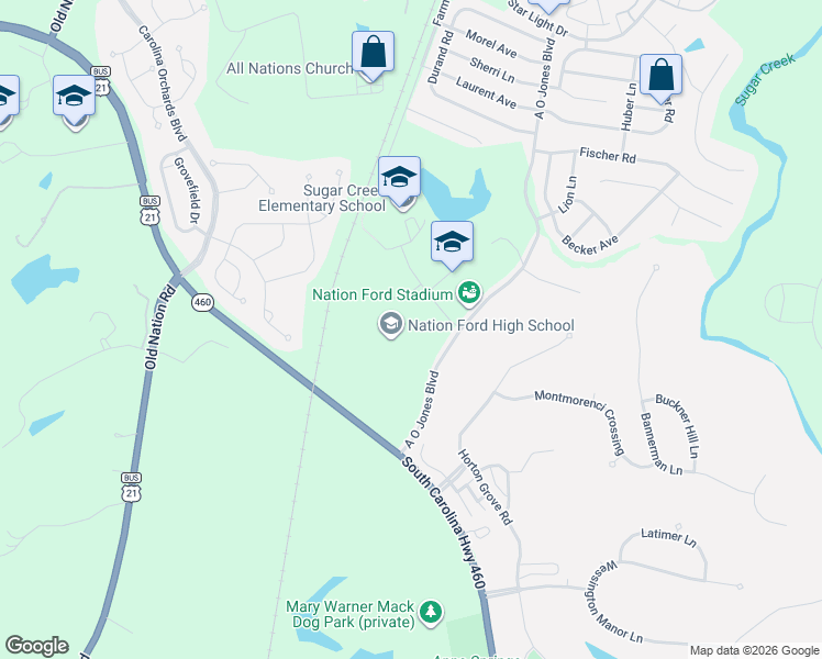 map of restaurants, bars, coffee shops, grocery stores, and more near 1400 A O Jones Boulevard in Fort Mill