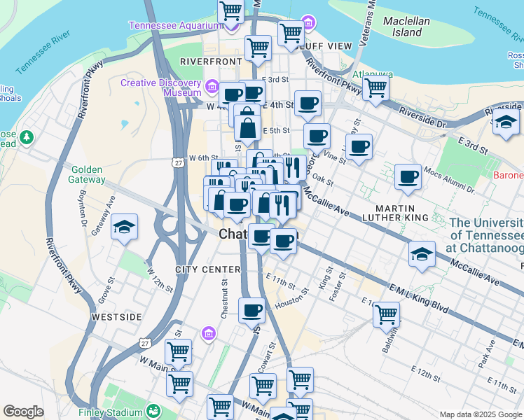 map of restaurants, bars, coffee shops, grocery stores, and more near 736 Market Street in Chattanooga