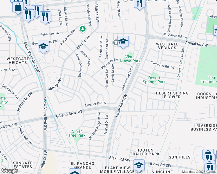 map of restaurants, bars, coffee shops, grocery stores, and more near 1604 Brian Avenue Southwest in Albuquerque