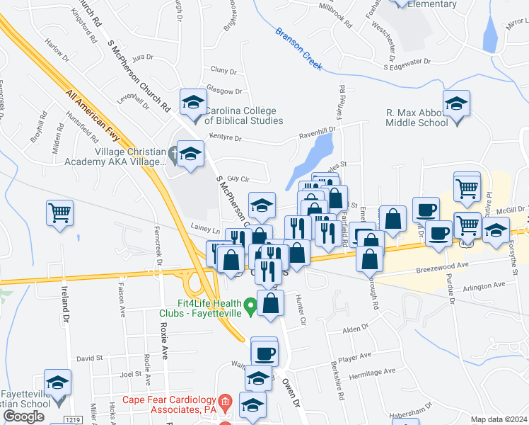 map of restaurants, bars, coffee shops, grocery stores, and more near 937 South McPherson Church Road in Fayetteville