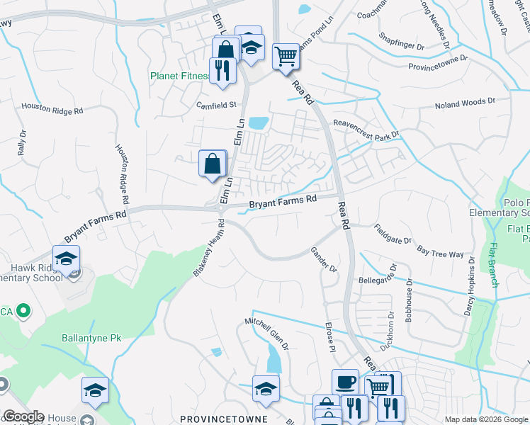 map of restaurants, bars, coffee shops, grocery stores, and more near 8429 Windsor Ridge Drive in Charlotte