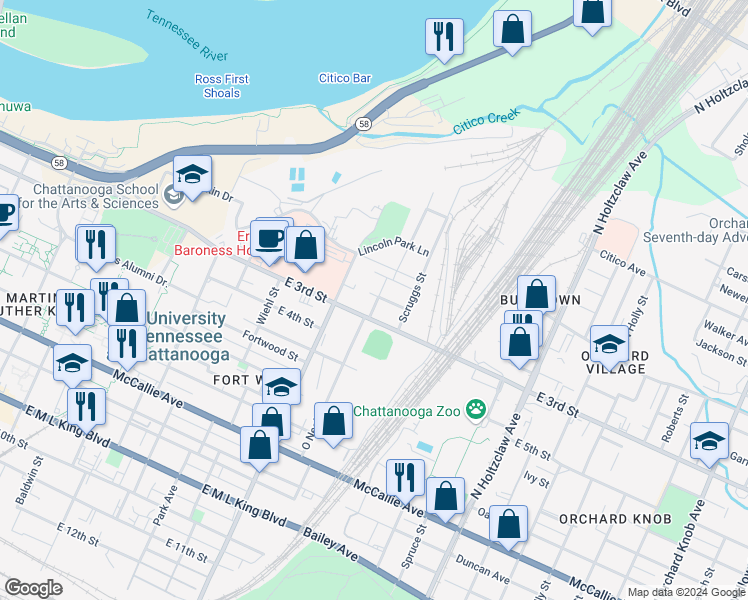 map of restaurants, bars, coffee shops, grocery stores, and more near 116 Central Avenue in Chattanooga