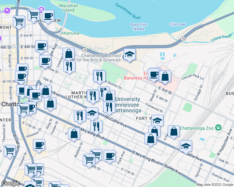 map of restaurants, bars, coffee shops, grocery stores, and more near 720-838 E 5th St in Chattanooga