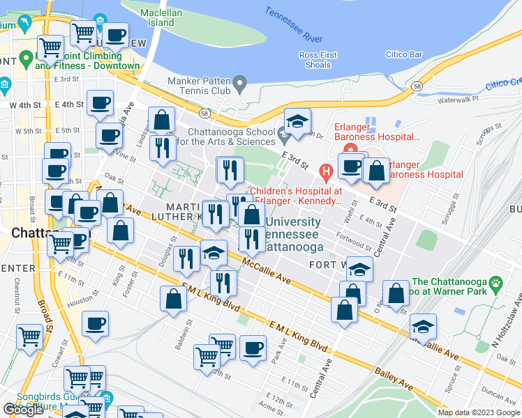 map of restaurants, bars, coffee shops, grocery stores, and more near 720-838 E 5th St in Chattanooga
