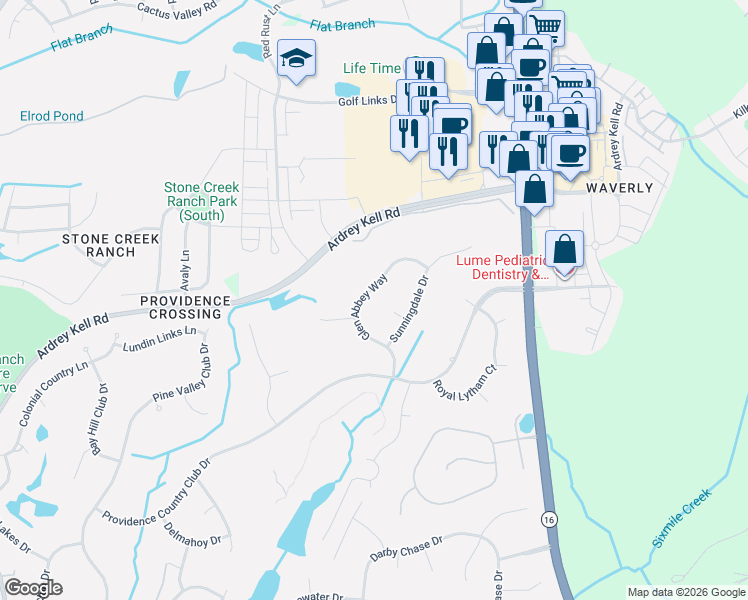 map of restaurants, bars, coffee shops, grocery stores, and more near 11608 Glen Abbey Way in Charlotte