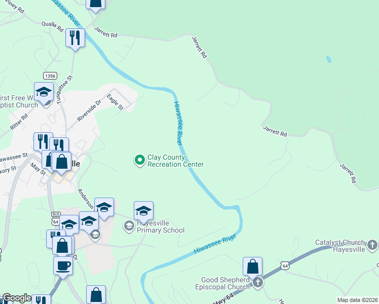 map of restaurants, bars, coffee shops, grocery stores, and more near 176 Spoon Hill Drive in Hayesville