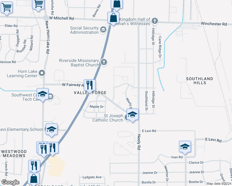map of restaurants, bars, coffee shops, grocery stores, and more near 3722 Hillbrook Street in Memphis