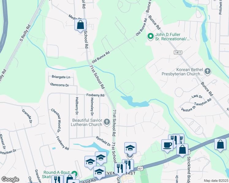 map of restaurants, bars, coffee shops, grocery stores, and more near 1363 71st School Road in Fayetteville